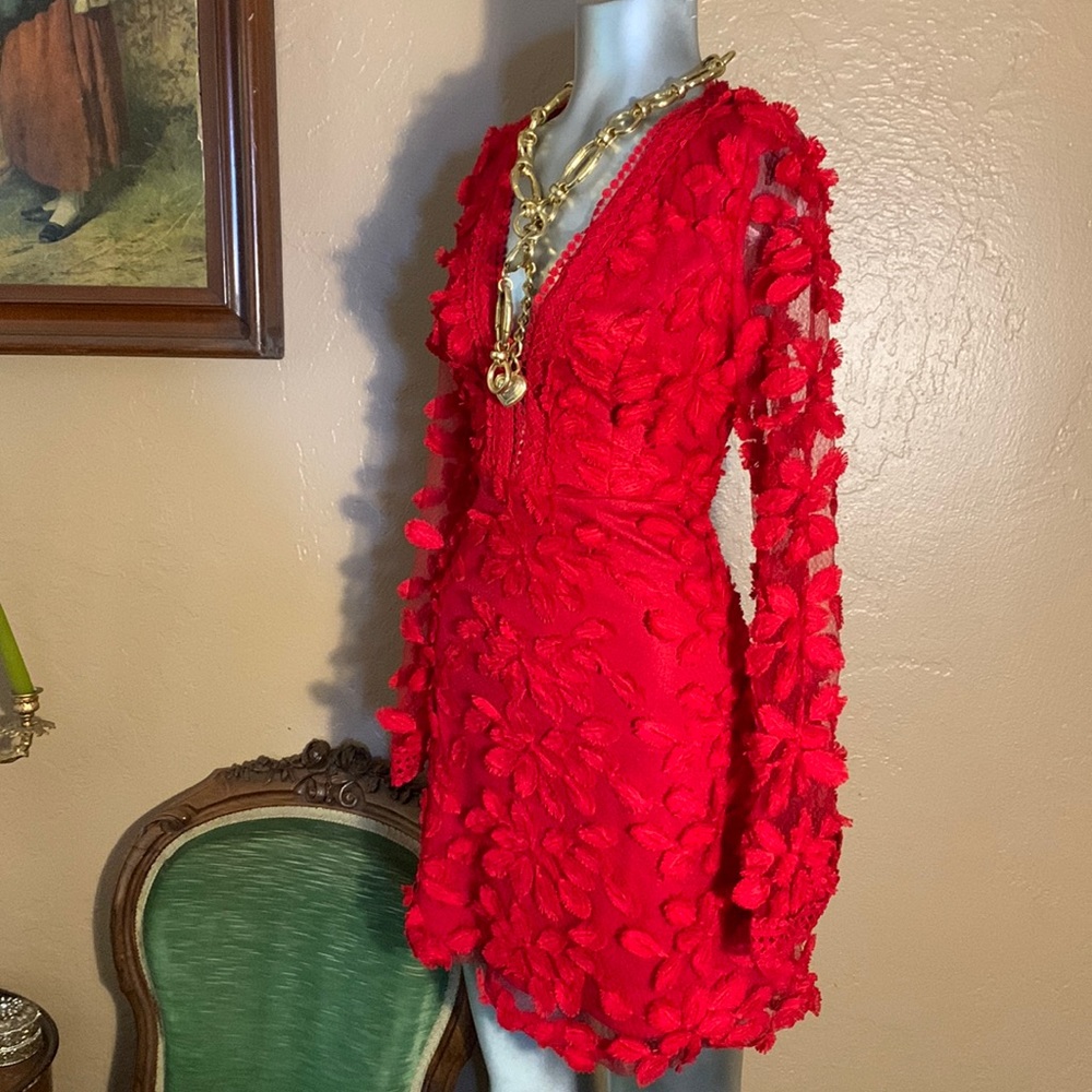 Love Triangle Red Floral Embroidered Long Sleeve Dress.  Sz 10